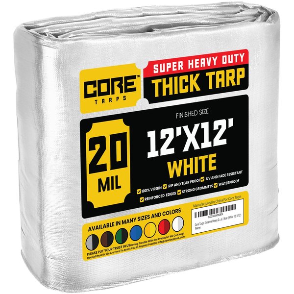 Core Tarps 12 ft L x 0.5 mm H x 12 ft W Heavy Duty 20 Mil Tarp, White, Polyethylene CT-704-12X12